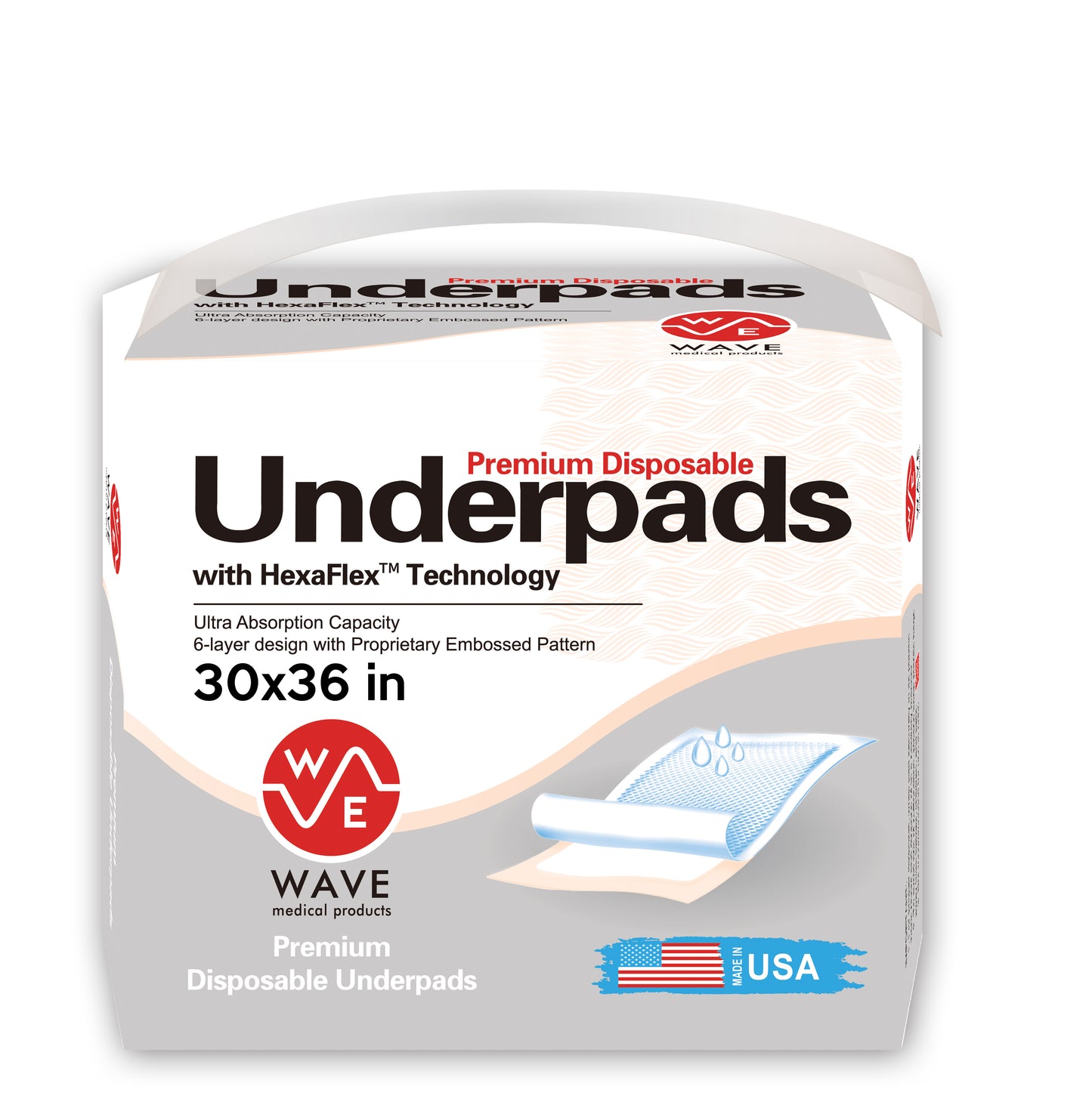 Wave Advanced Ultra Absorbency Disposable Incontinence Underpads - Thick Hospital Underpads - Bed Pads & Pee Pads Protection - 30"x36" Quilted Fluff and Polymer Core - Made in The USA