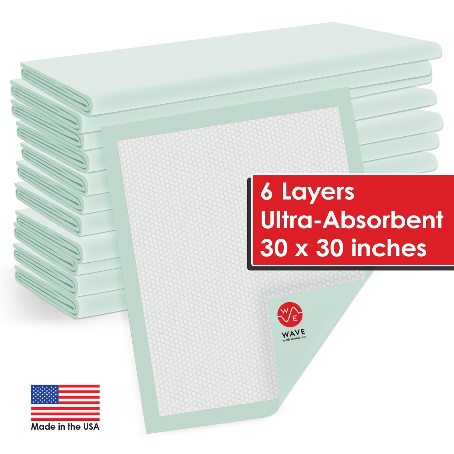 Wave HEAVY Absorbency LARGE Disposable Incontinence Underpads - Thick Hospital Underpads - Bed Pads & Pee Pads Protection - 30"x30" Quilted Fluff and Polymer Core - Made in The USA