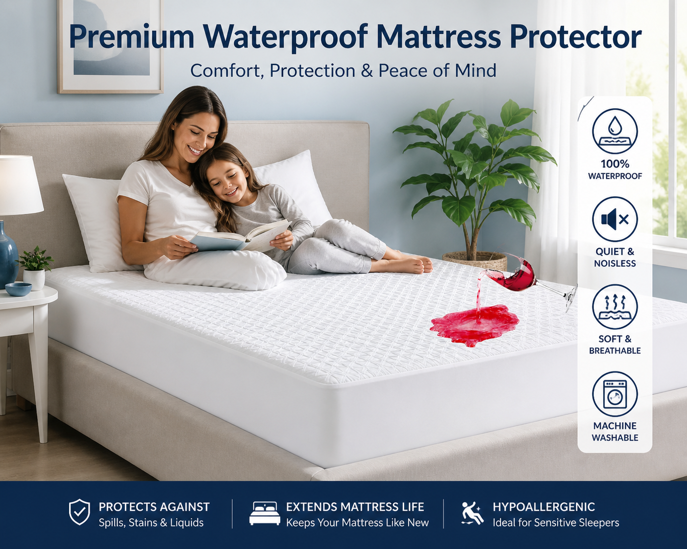 Premium Washable Waterproof Mattress Protector – Ultra-Soft, Breathable Bed Cover for Adults, Kids, Pets & Incontinence Protection